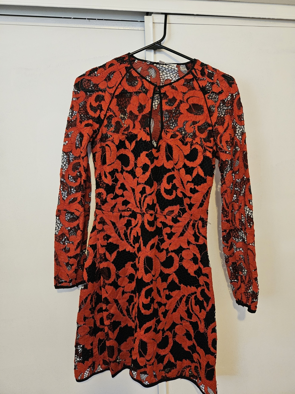 Diane Von Furstenberg Red and Black Lace Long-Sleeve Dress
